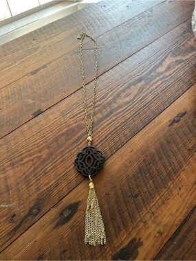 Gold Chain Necklace with Black Filigree Pendant and Tassel